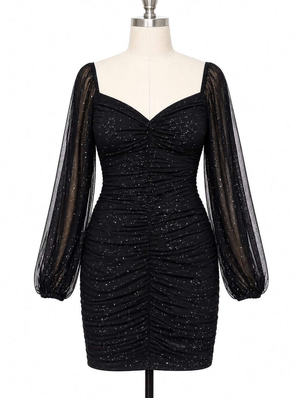 SIZE 18 PLUS Black Glitter Cocktail Dress Ruched sheer long sleeve comfy